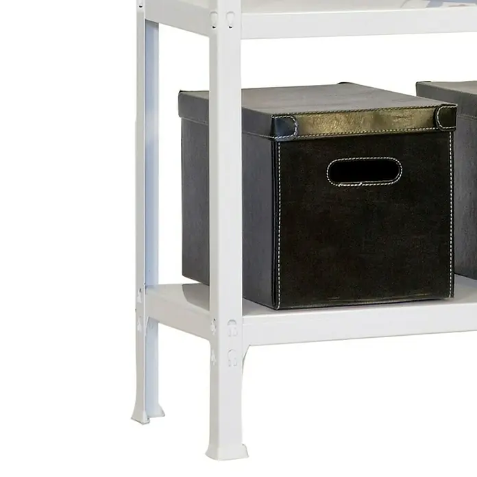Simonrack Simonhome Metallregal Click Metall Mini - H x B x T: 180 x 80 x 30 cm, Traglast pro Boden: 150 kg, Anzahl Böden: 5 Stk., Stecken, Weiß/Weiß - Nahaufnahme des weißen Metallregals mit schwarzen Aufbewahrungsboxen, die für Ordnung und Organisation sorgen.