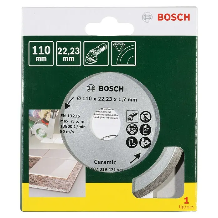 Bosch Diamant-Trennscheibe - Geeignet für: Fliesen, Durchmesser Scheibe: 110 mm - Abbildung einer Bosch Keramik-Trennscheibe mit den Maßen 110 x 22,23 x 1,7 mm, ideal für präzise Schnitte in Keramik.
