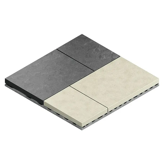 Bosch Professional Diamant-Trennscheibe Standard for Ceramic - Durchmesser Scheibe: 180 mm, Höhe Segment: 7 mm - Das Bild zeigt quadratische Bodenplatten in Grau- und Beigetönen, die auf einer Gitterstruktur liegen. Ideal für Terrassen oder Gartenwege.