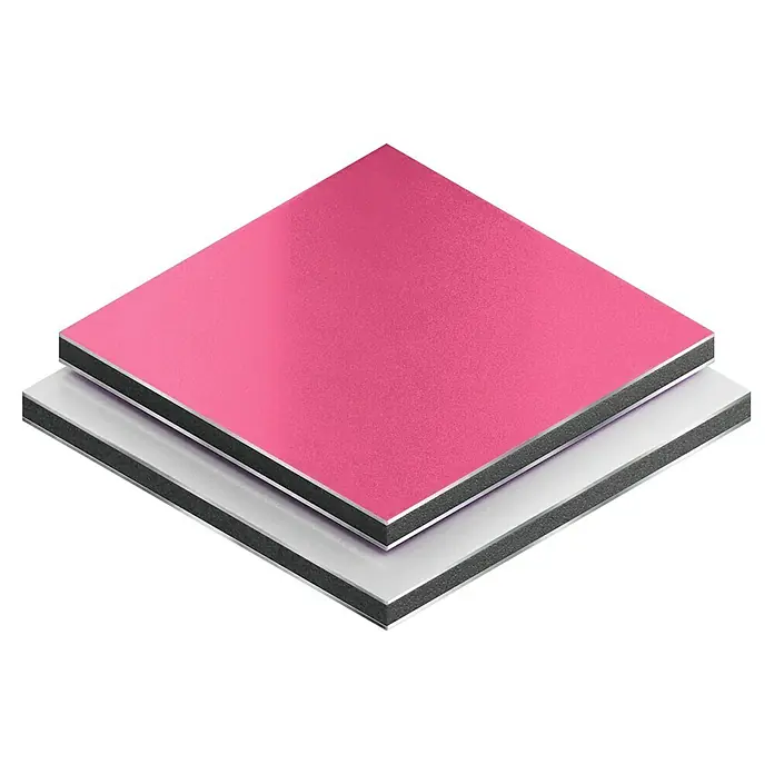 Bosch Kreissägeblatt - 235 mm, Bohrung: 30 mm, Anzahl Zähne: 64 Stk. - Die Abbildung zeigt zwei Aluminiumverbundplatten in Pink und Silber, die sich ideal für Fassadenverkleidungen und Werbeschilder eignen.