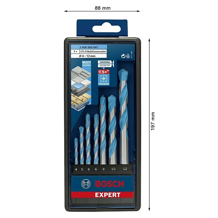 Bosch Expert Universalbohrer CYL-9 - Durchmesser Bohrer: 87,5 mm - Bohrer-Set Bosch Expert CYL-9 MultiConstruction mit 7 Teilen und Durchmesser von 4-12mm für verschiedene Materialien.