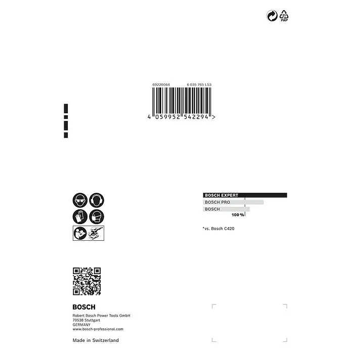 Bosch Expert Schleifpapier C470 - L x B: 115 x 107 mm, Körnung: 60, 10 Stk. - Etikett mit Informationen zu Bosch Elektrowerkzeugen, einschließlich Barcode, Sicherheitshinweisen und Herstellungsort.