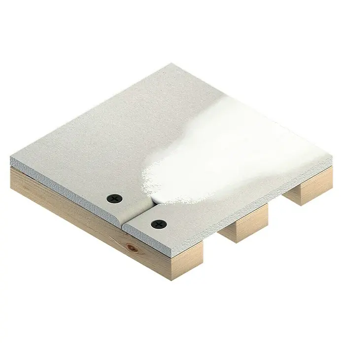 Bosch Expert Haftschleifscheiben C470 - Durchmesser: 225 mm, Körnung: 80, 5 Stk. - Nahaufnahme einer Gipskartonplatte, die mit Schrauben auf Holz befestigt ist, ideal für Bau- und Renovierungsprojekte.