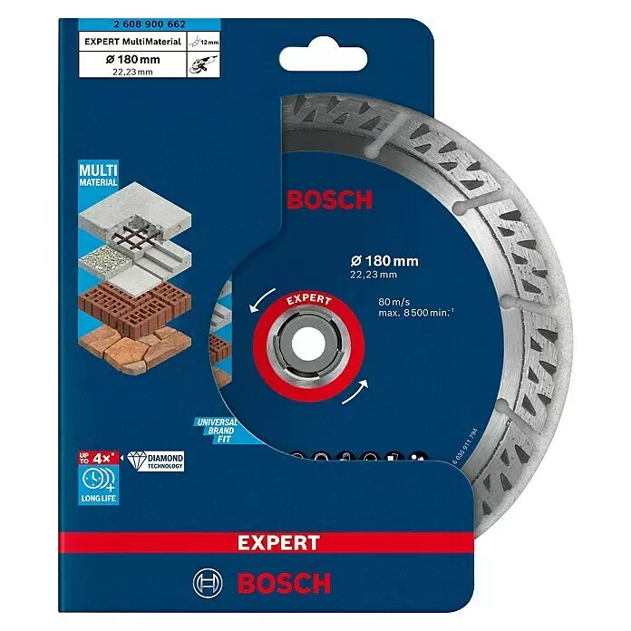 Bosch Professional Expert Diamant-Trennscheibe for MultiMaterial - Durchmesser Scheibe: 180 mm - Bosch Expert MultiMaterial Diamanttrennscheibe, Ø 180 mm, auf blauer Verpackung mit roten Akzenten.