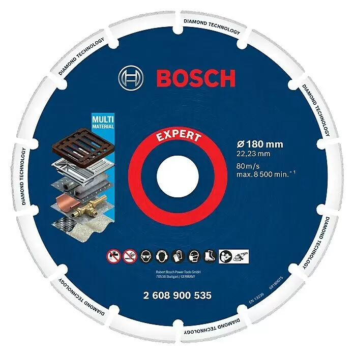 Bosch Professional Expert Diamant-Trennscheibe Metal Wheel - Durchmesser Scheibe: 180 mm - Blaue Bosch EXPERT Multi-Material Diamanttrennscheibe mit rotem Ring und segmentierter Kante für vielfältige Anwendungen.