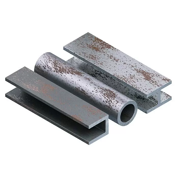 Bosch Professional Expert Diamant-Trennscheibe Metal Wheel - Durchmesser Scheibe: 180 mm - Drei verwitterte, rostige Metallprofile: ein C-Profil, ein Rundrohr und ein I-Träger, gestapelt.