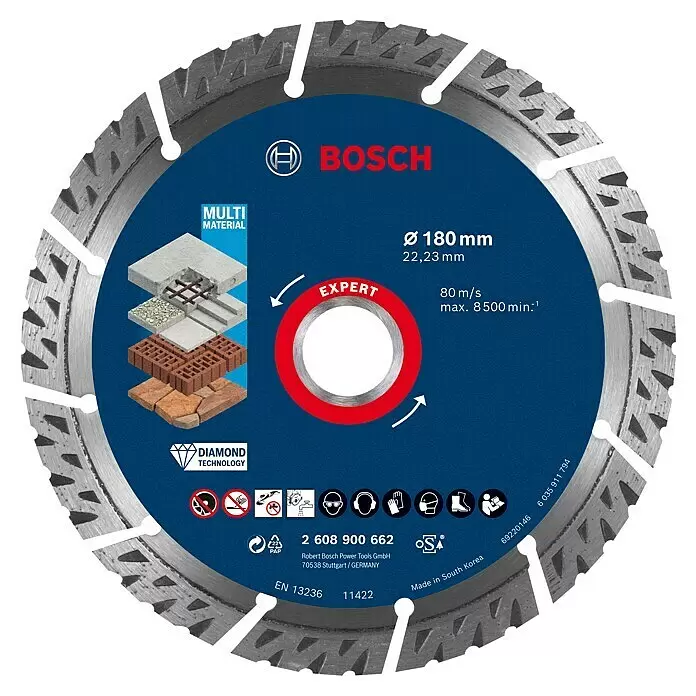 Bosch Professional Expert Diamant-Trennscheibe for MultiMaterial - Durchmesser Scheibe: 180 mm - Blau-silberne Bosch Diamanttrennscheibe für Multimaterial, 180 mm Ø, segmentierte Schneide.