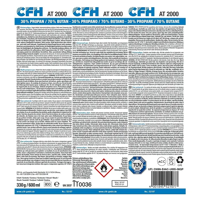 CFH Multigas AT2000 - 600 ml, Passend für: Autogenschweißgerät Schweiß-Fix SF 3100 - CFH AT 2000: 30% Propan / 70% Butan Mischung. Extrem entzündbares Gas, gefährlich. Nur für CFH Geräte. Vor Sonne schützen.