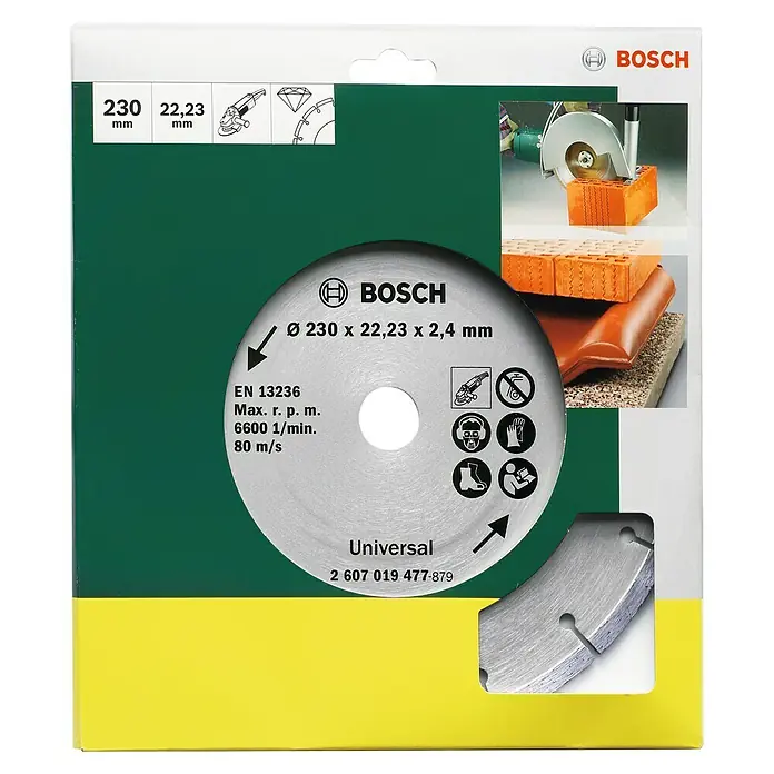 Bosch Diamant-Trennscheibe - Durchmesser Scheibe: 230 mm, Geeignet für: Baumaterialien, 1 Stk. - Abbildung einer Bosch Universal Trennscheibe mit den Maßen 230 x 22,23 x 2,4 mm, geeignet für verschiedene Materialien.