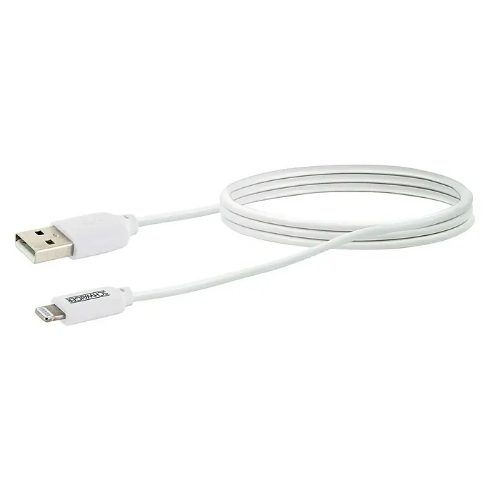 Schwaiger USB-Ladekabel - Weiß, Länge: 2 m, USB A-Stecker, Lightning-Stecker - Weisses USB-zu-Lightning-Kabel von SCHWAIGER zum Aufladen und Synchronisieren von Apple-Geräten. Das Kabel ist aufgerollt und die Anschlüsse sind gut sichtbar.