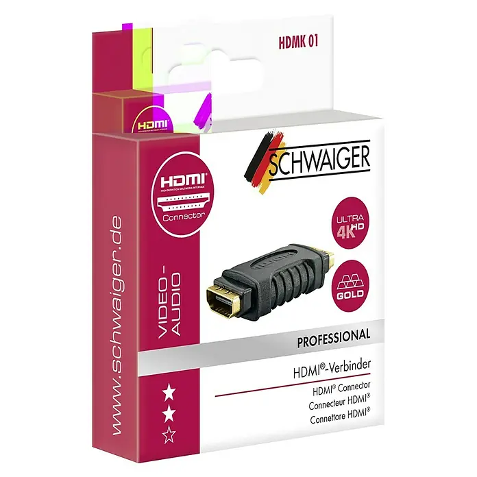 Schwaiger HDMI-Adapter - Schwarz, 2 HDMI-Buchsen, Vergoldete Kontakte, Geschirmt - Produktverpackung eines HDMI-Verbinders von Schwaiger für professionelle Video- und Audioanwendungen mit 4K HD-Unterstützung.