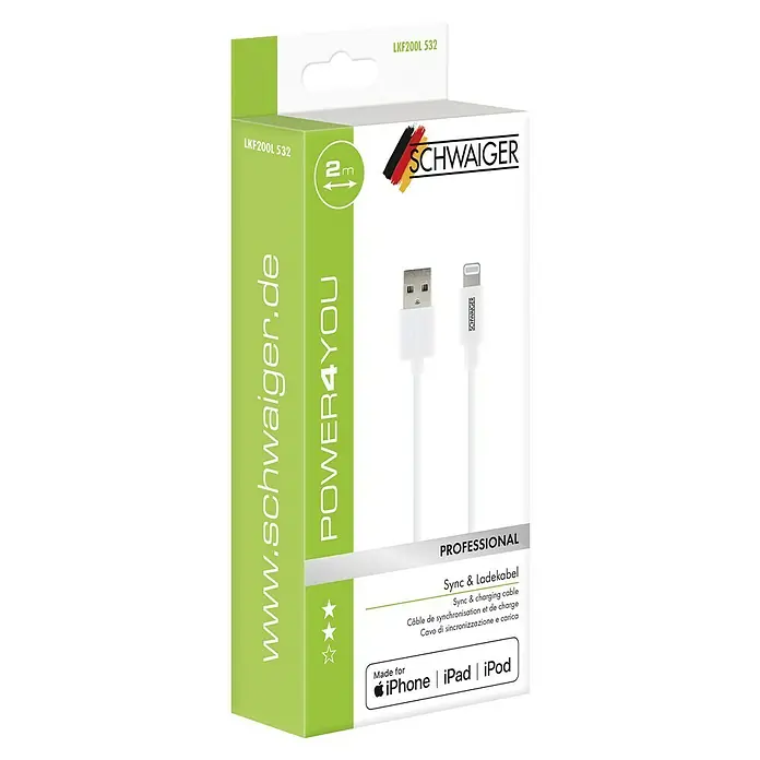 Schwaiger USB-Ladekabel - Weiß, Länge: 2 m, USB A-Stecker, Lightning-Stecker - Verpackung eines weißen 2m SCHWAIGER Sync & Ladekabels, kompatibel mit iPhone, iPad und iPod, ideal für professionelle Anwendungen.