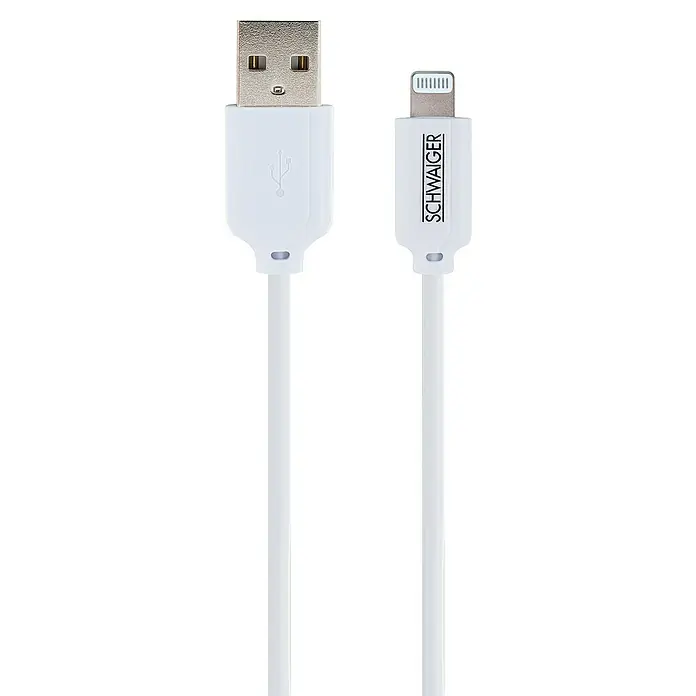 Schwaiger USB-Ladekabel - Weiß, Länge: 2 m, USB A-Stecker, Lightning-Stecker - Abbildung eines weißen SCHWAIGER-Ladekabels mit USB- und Lightning-Anschlüssen, ideal zum Aufladen von Apple-Geräten.
