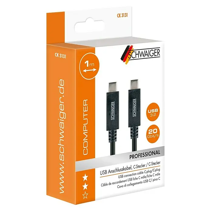 Schwaiger USB-Kabel 3.2 - 1 m, USB C-Stecker, Schwarz - Abbildung der Verpackung eines USB-Anschlusskabels C-Stecker/C-Stecker von Schwaiger mit 1 m Länge und 20 Gbit/s Datenübertragung.