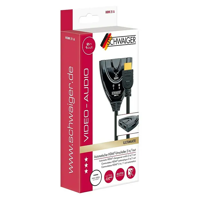 Schwaiger HDMI-Umschalter - Kabellänge: 0,7 m, 2 HDMI-Buchsen - Produktverpackung des automatischen HDMI Umschalters 2 in 1 von SCHWAIGER.
