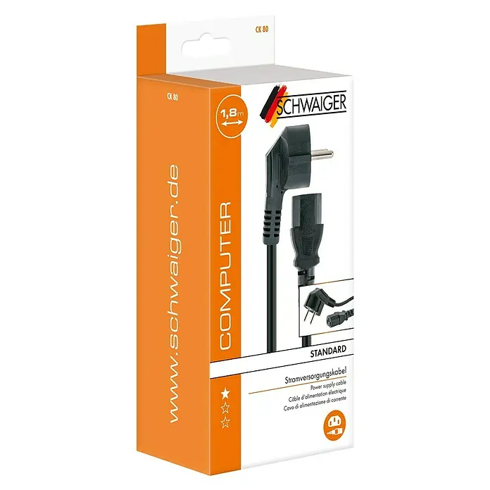 Schwaiger Stromversorgungskabel - 1,8 m, Schwarz - Verpackung eines schwarzen Schwaiger-Stromkabels mit Eurostecker und C13-Buchse, 1,8 m lang, für den Computer.