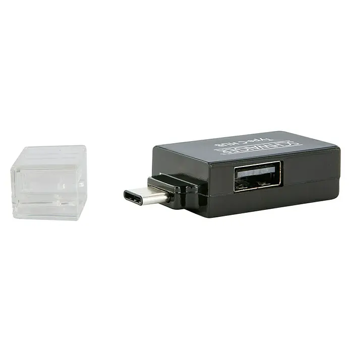 Schwaiger USB-Adapter USB 3.1 - Schwarz, 1 x USB 3.1 C Stecker, 1 x USB 3.0 A Buchse, 1 x USB 2.0 A Buchse - Nahaufnahme eines schwarzen SCHWAIGER Type-C HUB mit einem klaren Kunststoffgehäuse, das den USB-Anschluss schützt.\n