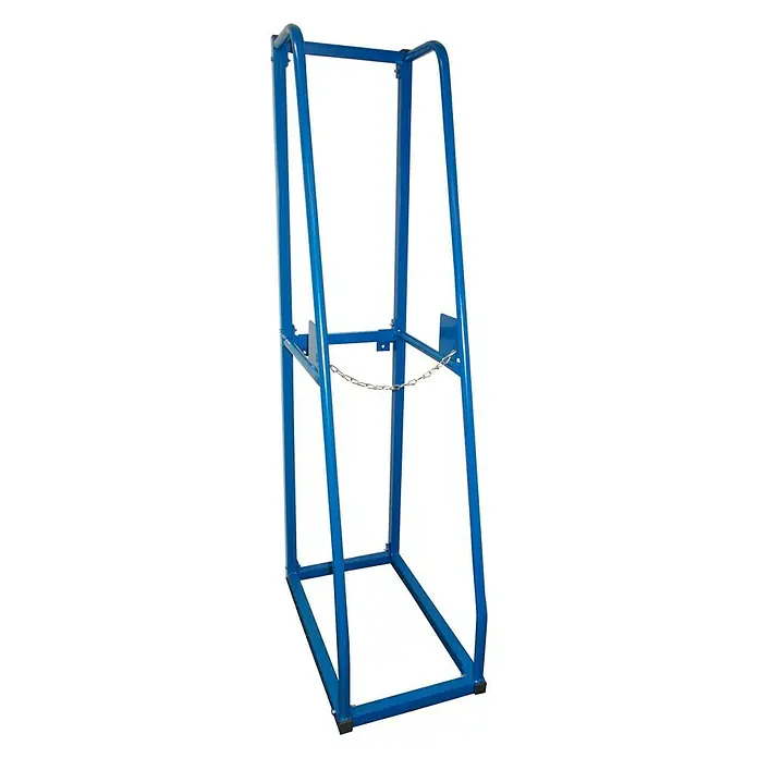 Vertikalregal Grundelement - H x B x T: 150 x 33 x 60 cm, Blau - Bild eines blauen Metall-Flaschenständers mit Sicherheitskette, ideal für den sicheren Transport und Lagerung von Gasflaschen.