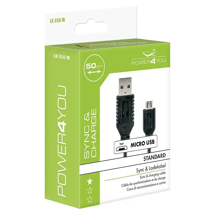 Schwaiger USB-Ladekabel - Schwarz, Länge: 0,5 m, USB A-Stecker, USB Micro-B-Stecker - Abbildung einer Power4You-Verpackung mit einem 50 cm langen Standard-Micro-USB-Sync- und Ladekabel.