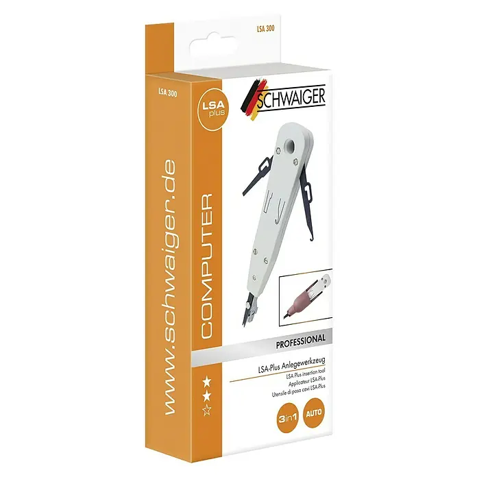 Schwaiger Anlegewerkzeug LSA PLUS - 125 x 20 x 70 mm - Abbildung einer LSA-Plus Anlegewerkzeug-Verpackung von Schwaiger, die ein Werkzeug zum Einführen von Drähten in Schneidklemmen zeigt.