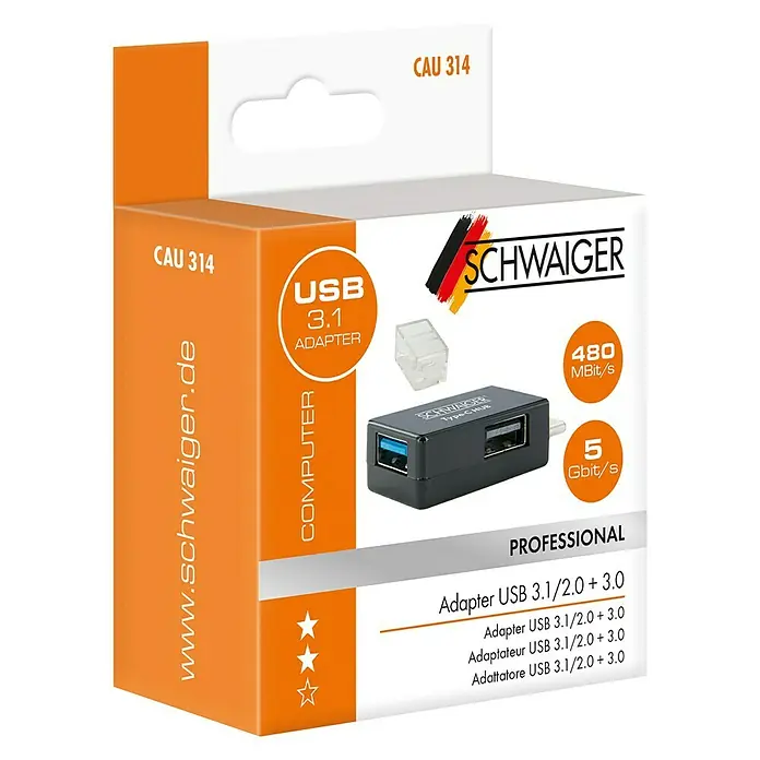 Schwaiger USB-Adapter USB 3.1 - Schwarz, 1 x USB 3.1 C Stecker, 1 x USB 3.0 A Buchse, 1 x USB 2.0 A Buchse - Produktverpackung des USB 3.1 Adapters von Schwaiger mit Geschwindigkeitsangaben und mehrsprachiger Produktbezeichnung.