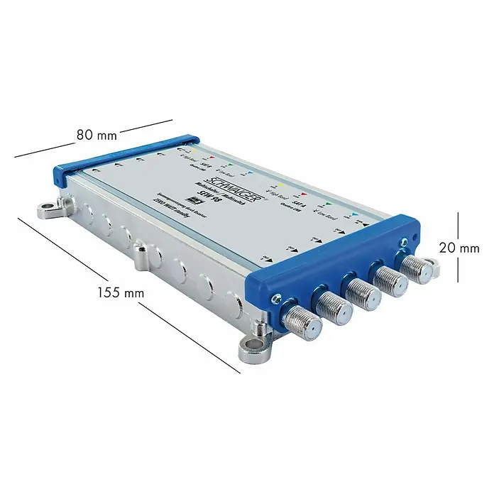 Schwaiger SAT-Multischalter 9 auf 8 - F-Buchse, Ausgangspegel: 97 dbµV (SAT) - Produktansicht des Schwaiger SEW 98 Multischalters mit den Maßen 80 mm Breite, 155 mm Länge und 20 mm Höhe.