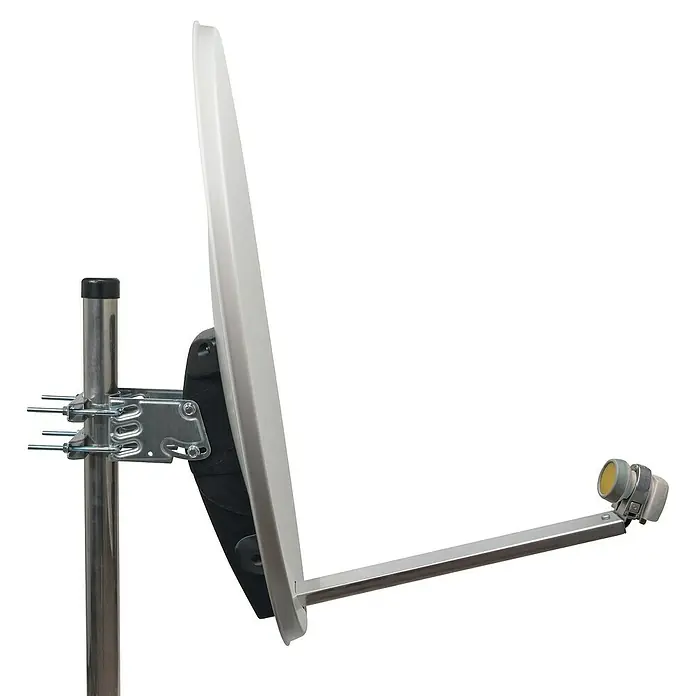Schwaiger Satellitenschüssel - Aluminium, Hellgrau, Durchmesser Spiegelfläche: 74,5 cm - Satellitenschüssel mit Halterung zur Montage. Die Schüssel ist weiß und auf einem silbernen Mast befestigt.