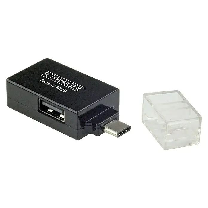 Schwaiger USB-Adapter USB 3.1 - Schwarz, 1 x USB 3.1 C Stecker, 1 x USB 3.0 A Buchse, 1 x USB 2.0 A Buchse - Nahaufnahme eines schwarzen SCHWAIGER Type-C HUB Adapters mit einem transparenten Schutzdeckel, ideal für Geräte mit USB-C Anschluss.