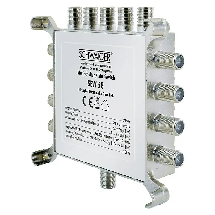Schwaiger SAT-Multischalter 5 auf 8 - F-Buchse, Ausgangspegel: 97 dbµV (SAT) - Aufnahme des Schwaiger Multischalters SEW 58, ein Gerät zur Signalverteilung in Satelliten- und terrestrischen Empfangsanlagen.