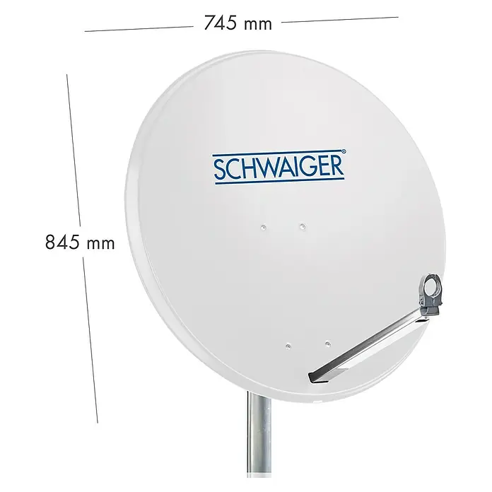 Schwaiger Satellitenschüssel - Aluminium, Hellgrau, Durchmesser Spiegelfläche: 74,5 cm - Abbildung einer weißen Satellitenschüssel von SCHWAIGER mit den Maßen 745 mm Breite und 845 mm Höhe für den optimalen Fernsehempfang.
