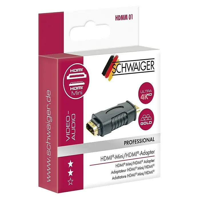 Schwaiger HDMI-Adapter Mini - Schwarz, HDMII C-Stecker, HDMI-Kupplung - Produktverpackung für einen HDMI®-Mini/HDMI®-Adapter von SCHWAIGER, ideal für Video- und Audioübertragungen in 4K Ultra HD mit vergoldeten Anschlüssen.