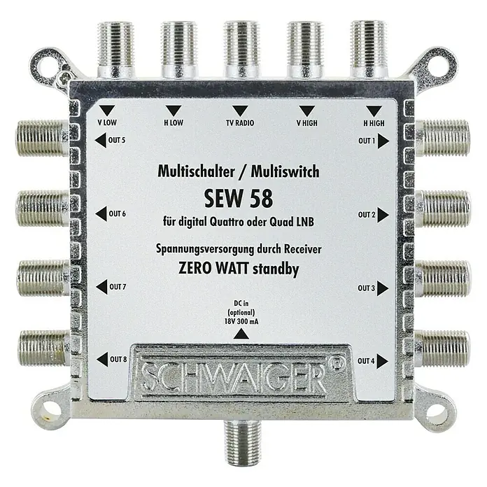 Schwaiger SAT-Multischalter 5 auf 8 - F-Buchse, Ausgangspegel: 97 dbµV (SAT) - Abbildung eines Multischalters SEW 58 von Schwaiger, geeignet für digitale Quattro- oder Quad-LNBs, mit mehreren Ausgängen.