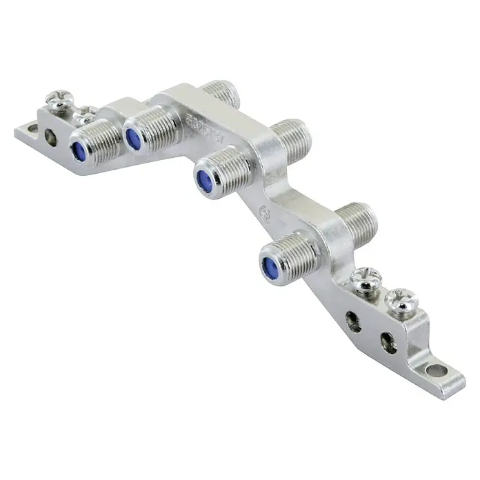 Schwaiger Erdungsblock - 4-fach, 4 x F-Verbinder - Ein F-Verteiler mit mehreren Anschlüssen für Koaxialkabelverbindungen in einem silbernen Metallgehäuse zur Signalverteilung.