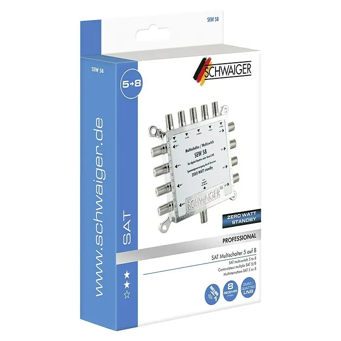 Schwaiger SAT-Multischalter 5 auf 8 - F-Buchse, Ausgangspegel: 97 dbµV (SAT) - Produktverpackung eines Multischalters von Schwaiger, Modell SEW 58, mit der Aufschrift "SAT Multischalter 5 auf 8" für professionelle Anwendungen.