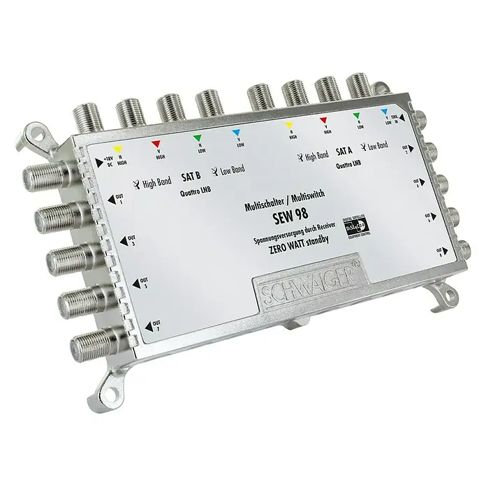 Schwaiger SAT-Multischalter 9 auf 8 - F-Buchse, Ausgangspegel: 97 dbµV (SAT) - Bild eines Multischalters SEW 98 von Schwaiger, ein Gerät für Satellitenempfangsanlagen zur Signalverteilung.