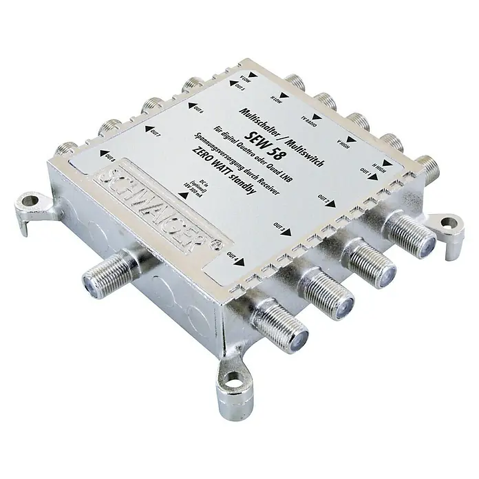 Schwaiger SAT-Multischalter 5 auf 8 - F-Buchse, Ausgangspegel: 97 dbµV (SAT) - Abbildung eines Multischalters/Multiswitch SEW 58 von SCHWAIGER, konzipiert für digitalen Quattro- oder Quad-LNB-Empfang mit Zero Watt Standby.