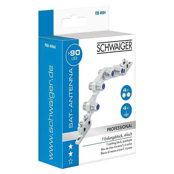 Schwaiger Erdungsblock - 4-fach, 4 x F-Verbinder - Verpackung eines SCHWAIGER F-Erdungsblocks, 4-fach, für SAT-Antennen mit >90dB Schirmung und Erdung für professionelle Installationen.