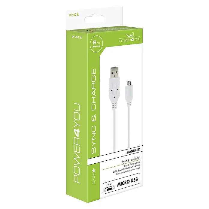 Schwaiger USB-Ladekabel - Weiß, Länge: 2 m, USB A-Stecker, USB Micro-B-Stecker - Verpackung eines weißen "Power4You" Micro-USB-Kabels zum Synchronisieren und Aufladen, 2 Meter lang, Standardausführung.