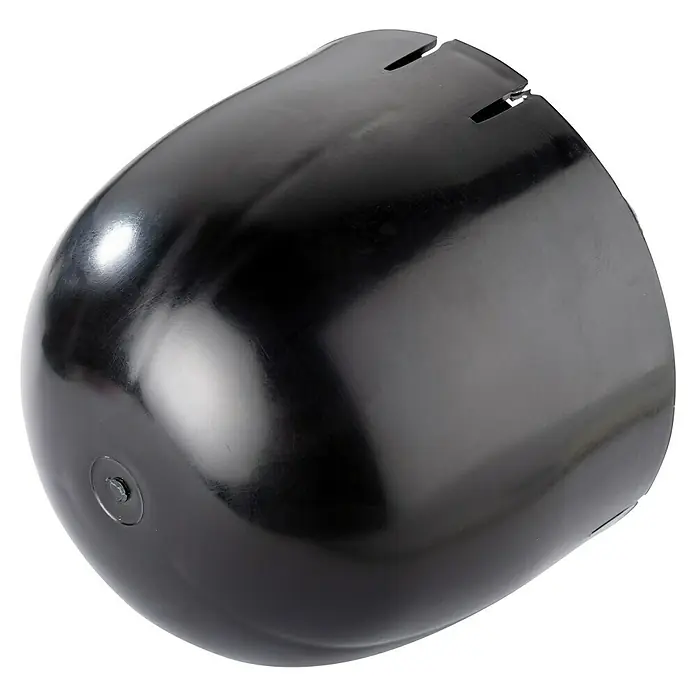 Schwaiger Mastabdeckkappe - Durchmesser: 50 mm - Glänzende schwarze Abdeckung mit Schlitzen oben und Schraube an der Seite, ideal zum Schutz empfindlicher Geräte vor äußeren Einflüssen.