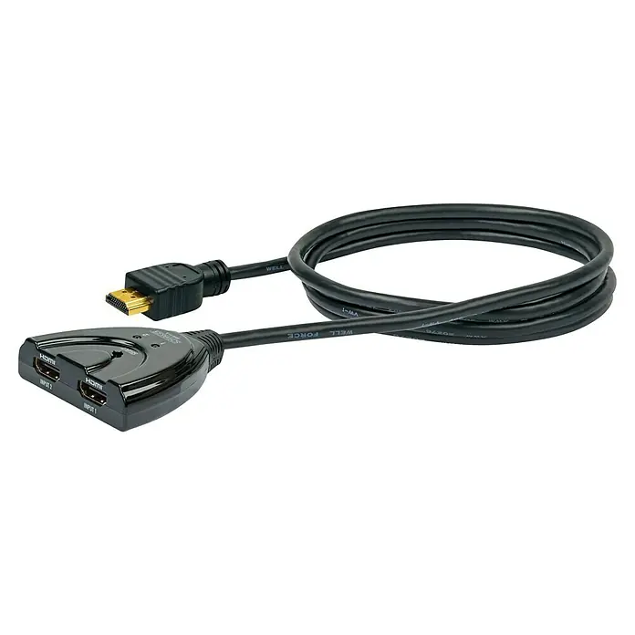 Schwaiger HDMI-Umschalter - Kabellänge: 0,7 m, 2 HDMI-Buchsen - Ein HDMI-Switch mit zwei Eingängen und einem Ausgang. Ermöglicht das Umschalten zwischen zwei HDMI-Quellen auf einem Bildschirm mit dem HDMI-Kabel.
