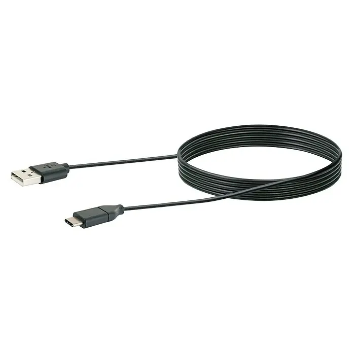 Schwaiger USB-Adapterkabel 3.1 C Stecker / 2.0 A Stecker - 1 m, Schwarz - Ein schwarzes USB-Kabel mit einem USB-A-Anschluss an einem Ende und einem USB-C-Anschluss am anderen Ende.
