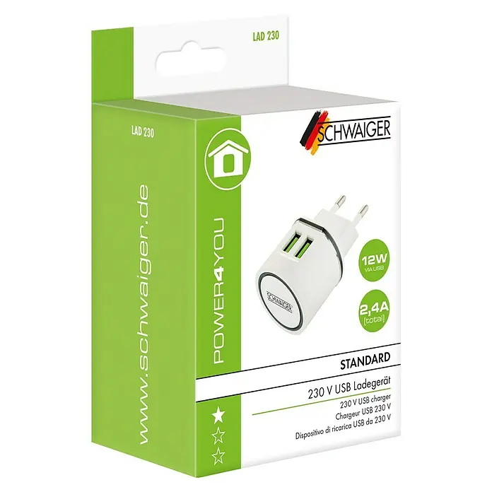 Schwaiger USB-Ladegerät - Weiß, 1 x Eurostecker (Typ C), 230 V - 250 V - Bild von einem 230-V-USB-Ladegerät der Marke Schwaiger in der Verpackung. Das Ladegerät ist weiß und hat zwei USB-Anschlüsse.
