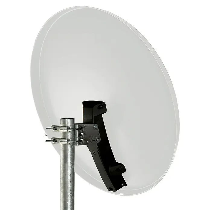 Schwaiger Satellitenschüssel - Aluminium, Hellgrau, Durchmesser Spiegelfläche: 74,5 cm - Nahaufnahme einer Satellitenschüssel mit Halterung an einem Mast, ideal für TV- oder Internetempfang.