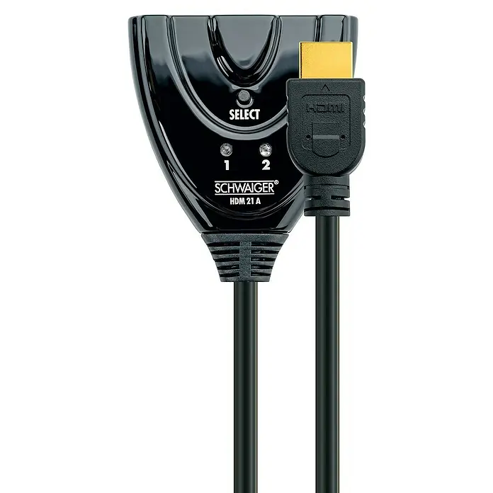 Schwaiger HDMI-Umschalter - Kabellänge: 0,7 m, 2 HDMI-Buchsen - Schwarzer HDMI-Switch HDM 21 A von SCHWAIGER, um zwischen zwei HDMI-Quellen zu wechseln. Verfügt über eine Select-Taste und LED-Anzeigen.