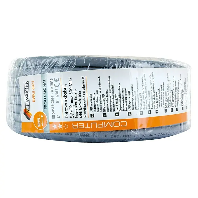 Netzwerkleitung S/FTP - CAT6a, Länge: 25 m, Grau, Bis zu 10 Mbit/s - Auf dem Bild ist eine Rolle des Schwaiger NWKU 6025 S/FTP Netzwerkkabels mit einer Länge von 25 Metern abgebildet.