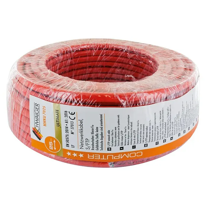Schwaiger Netzwerkleitung S/FTP - CAT7, Länge: 25 m, Orange, Bis zu 10 Gbit/s - Aufgerollte rote Schwager NWKU 7025 Ultimate S/FTP Netzwerkkabelrolle, 25 Meter für Computer-Netzwerke, mit Produktspezifikationen auf dem Etikett.
