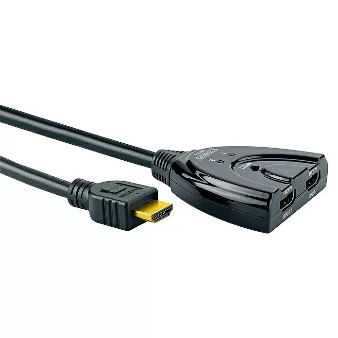 Schwaiger HDMI-Umschalter - Kabellänge: 0,7 m, 2 HDMI-Buchsen - Schwarzer HDMI-Switch mit zwei Eingängen und einem Ausgangskabel, goldbeschichtetem HDMI-Stecker und Auswahltaste.