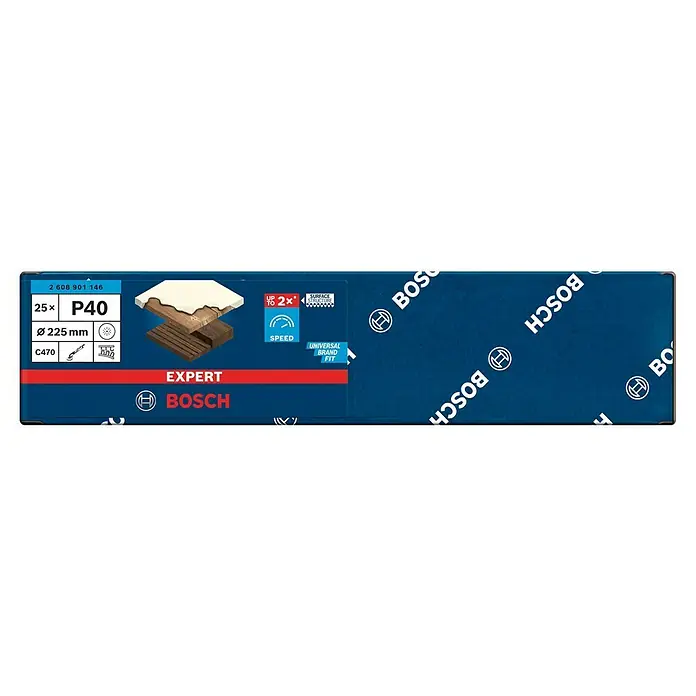 Bosch Expert Haftschleifscheiben C470 - Durchmesser: 225 mm, Körnung: 40, 25 Stk. - Abbildung der Bosch Expert P40 Schleifscheibe mit den Maßen 25 x Ø225 mm, ideal zum Schleifen von Oberflächen.