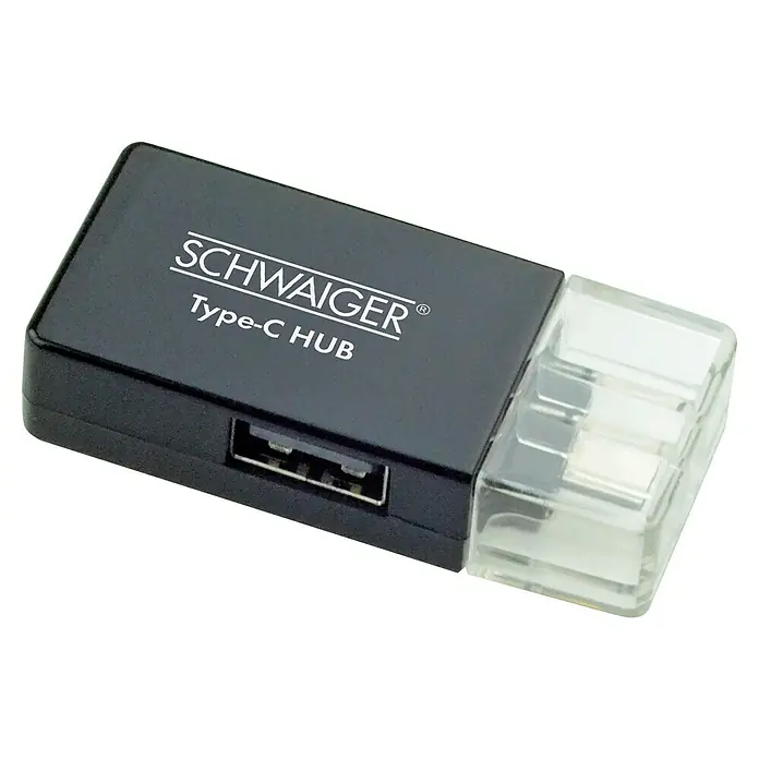 Schwaiger USB-Adapter USB 3.1 - Schwarz, 1 x USB 3.1 C Stecker, 1 x USB 3.0 A Buchse, 1 x USB 2.0 A Buchse - Nahaufnahme eines SCHWAIGER Typ-C Hubs, ein kompaktes Gerät zur Erweiterung der USB-Konnektivität.