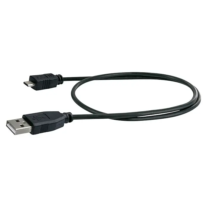 Schwaiger USB-Ladekabel - Schwarz, Länge: 0,5 m, USB A-Stecker, USB Micro-B-Stecker - Abbildung eines schwarzen USB-Kabels mit USB-A- und Micro-USB-Anschlüssen, das für die Datenübertragung und das Aufladen von Geräten verwendet wird.